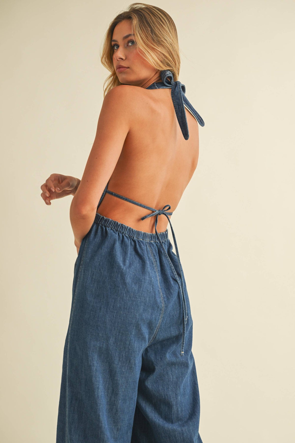 DENIM HALTER WIDE LEG JUMPSUIT