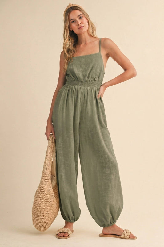 IJP3413 GAUZE BACKLESS TIE SLEEVELESS ALADDIN JUMPSUIT