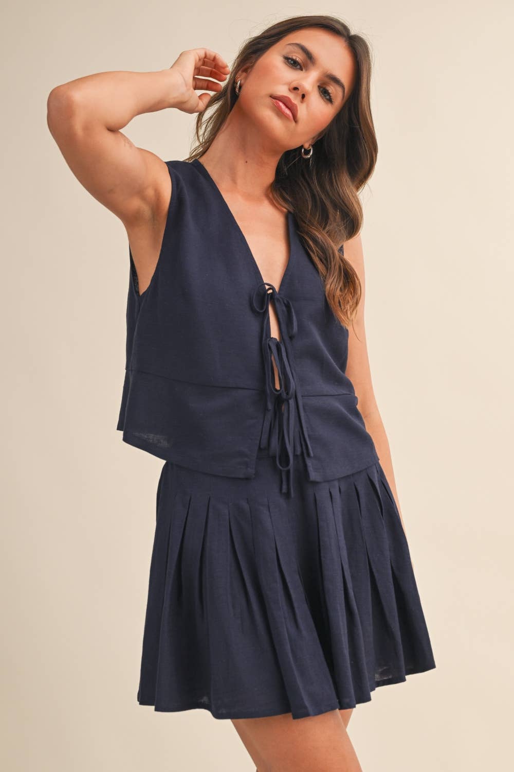 IST6327 LINEN VEST AND MINI SKIRT SET
