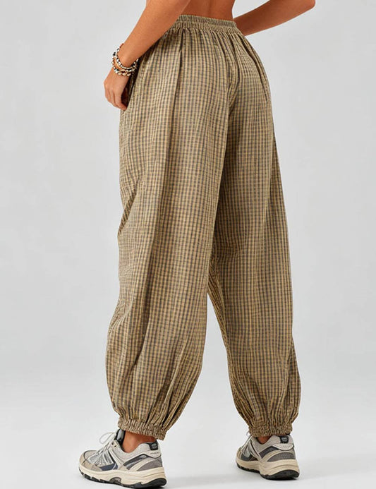 Ladies Checked Elastic Waist Drawstring Lantern Pants
