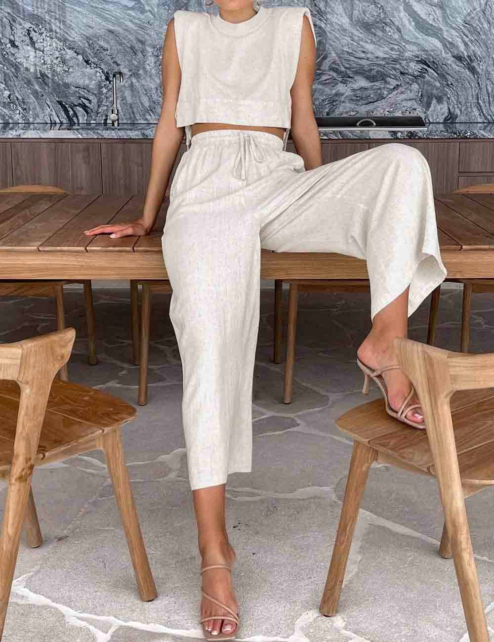 Linen Sleeveless Crop Top and Pants 2PCS Set 2TZ2186