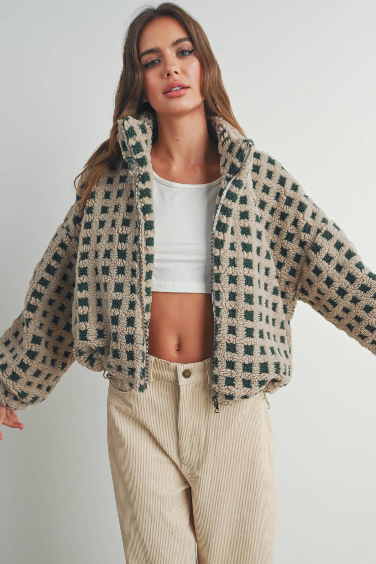 Breck Check Sherpa Fleece Zip Jacket -BMJ7254