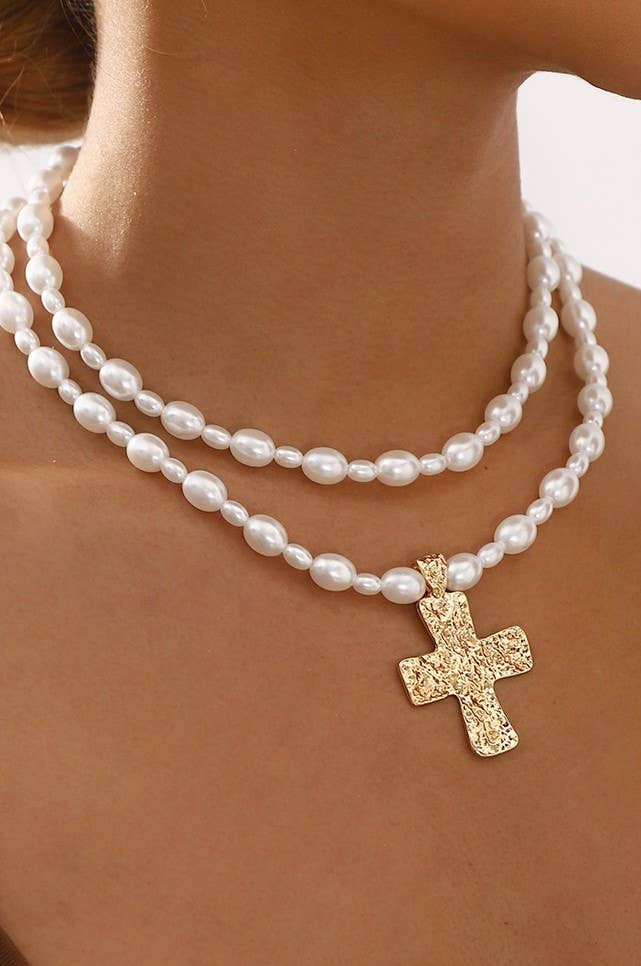 LUSTROUS FAUX PEARL BEADED LAYERED CROSS NECKLACE | 40NK9552