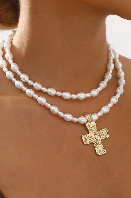 LUSTROUS FAUX PEARL BEADED LAYERED CROSS NECKLACE | 40NK9552