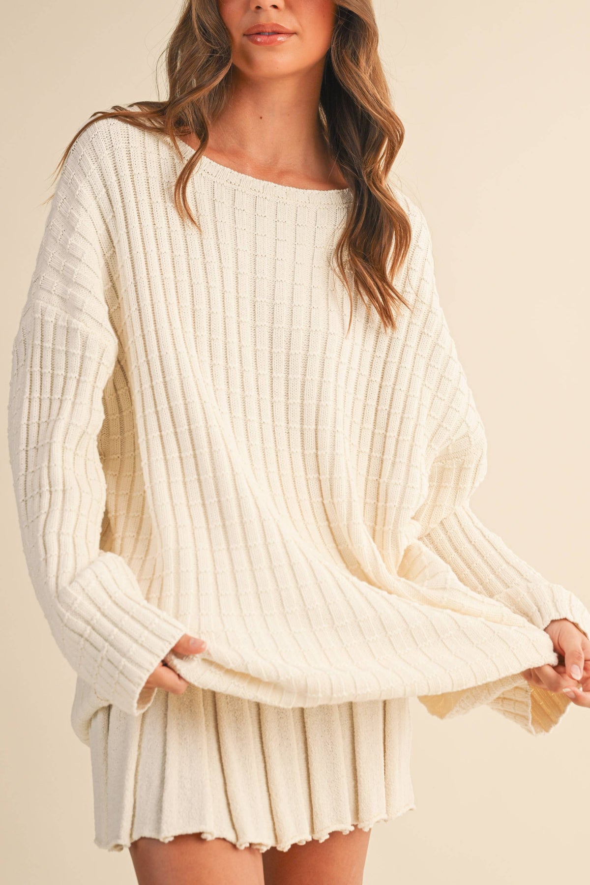 IST6062-A LONGSLEEVE SWEATER TUNICTOP AND PLEATED SKIRT SET