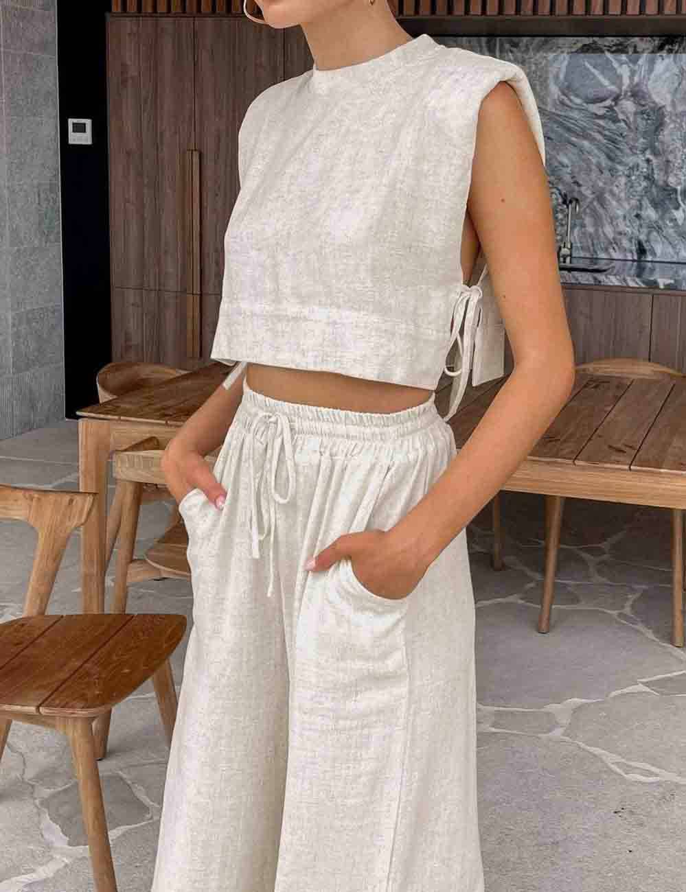 Linen Sleeveless Crop Top and Pants 2PCS Set 2TZ2186