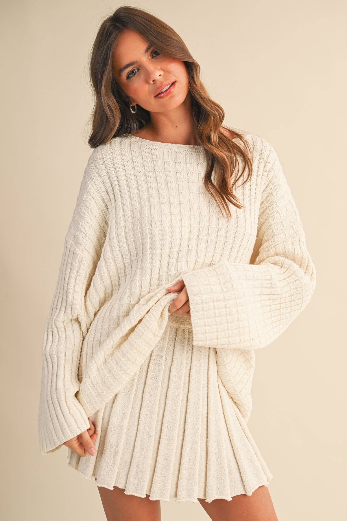 IST6062-A LONGSLEEVE SWEATER TUNICTOP AND PLEATED SKIRT SET