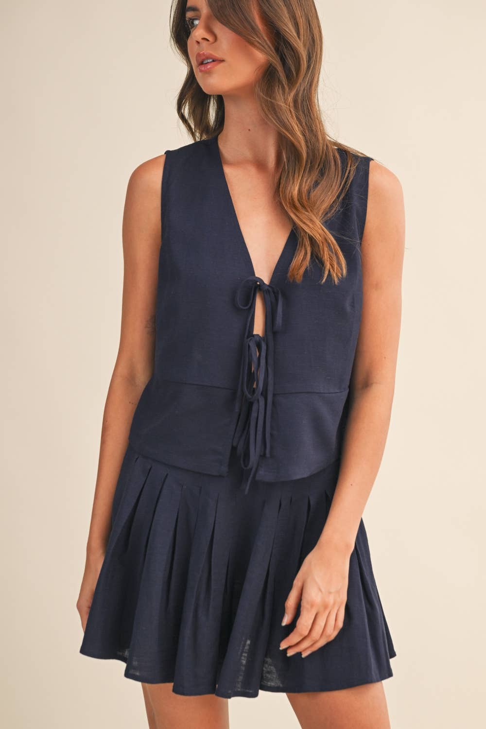 IST6327 LINEN VEST AND MINI SKIRT SET