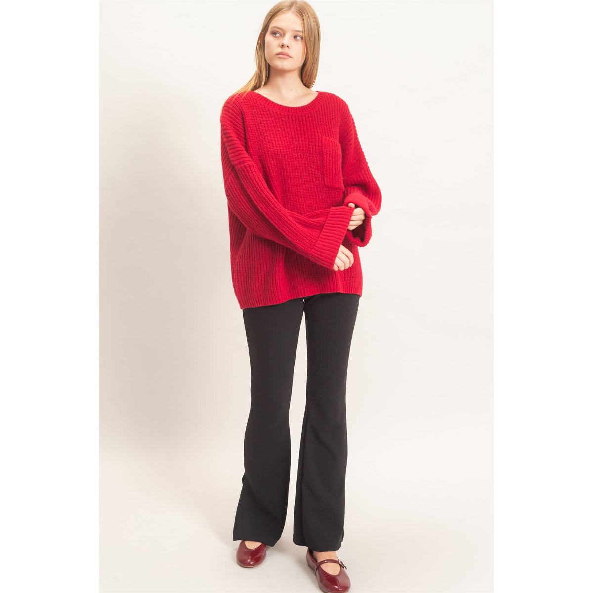 Ribbed Knit Patch Pocket Sweater