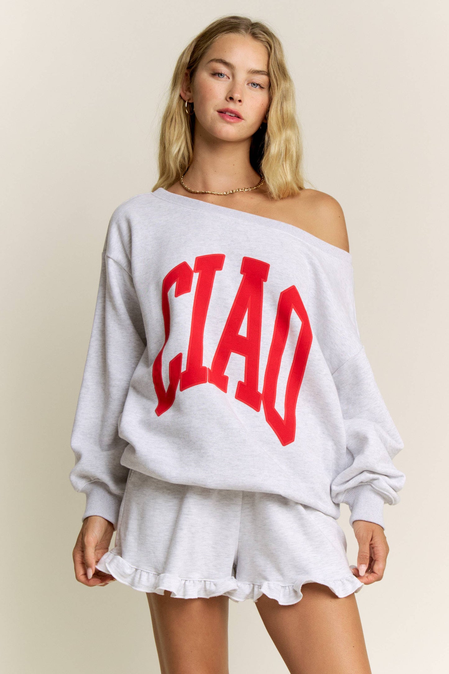 CIAO Lettering Off the Shoulder Sweatshirts