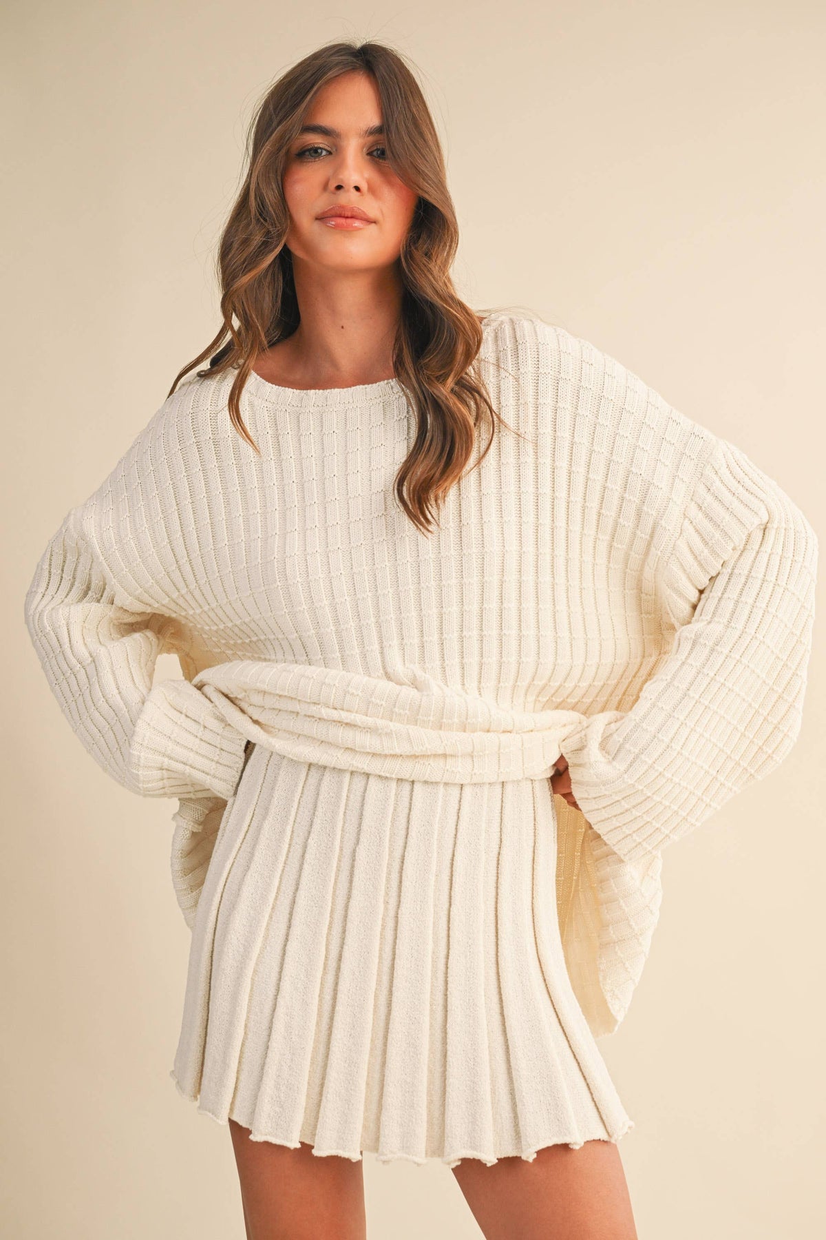 IST6062-A LONGSLEEVE SWEATER TUNICTOP AND PLEATED SKIRT SET