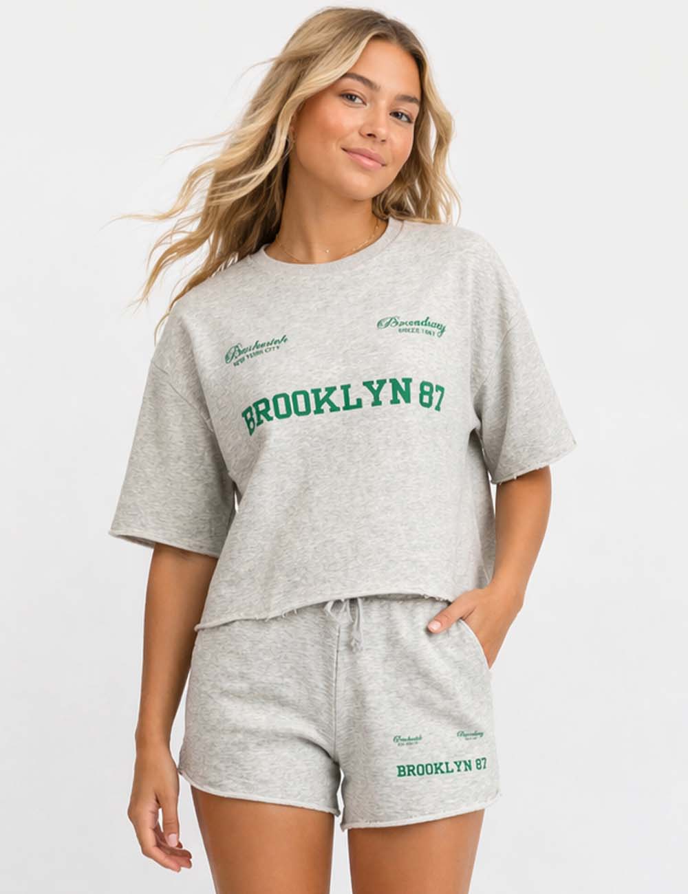 Ladies Letter Print Raw Edge Round Neck Short Sleeves Sweatshirt
