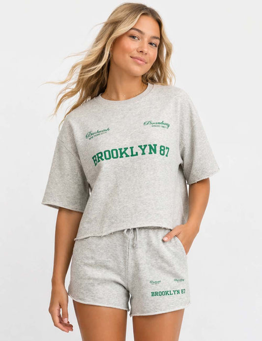 Ladies Letter Print Raw Edge Round Neck Short Sleeves Sweatshirt