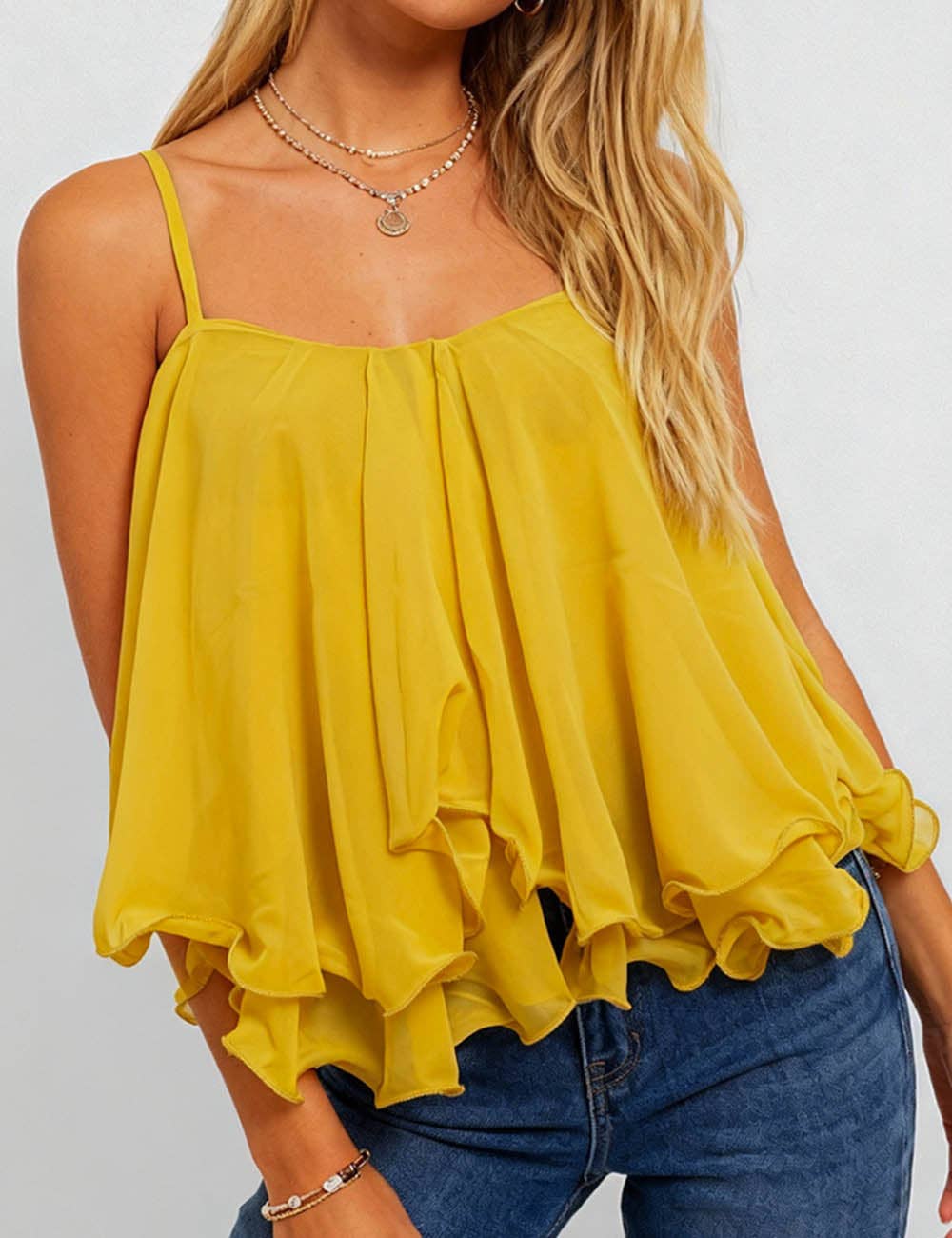 Ladies Chiffon Square Neck Tiered Ruffle Cami Top
