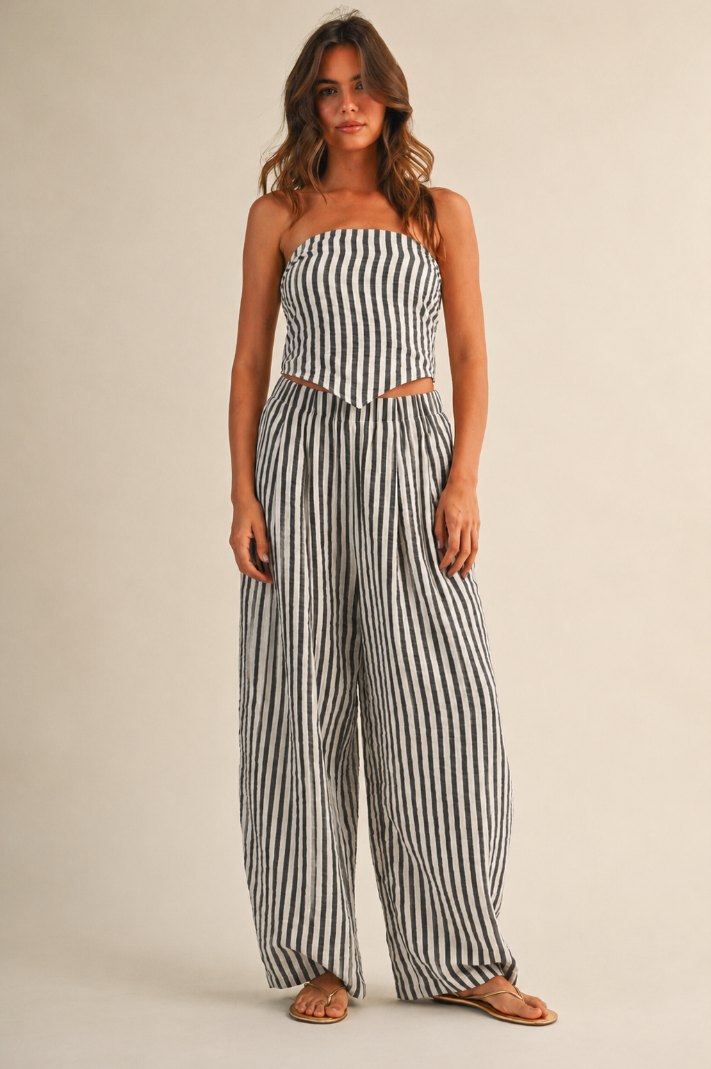 IST6646 STRIPED SMOCKED BACK TIE HANDKERCHEIF TOP AND BARREL