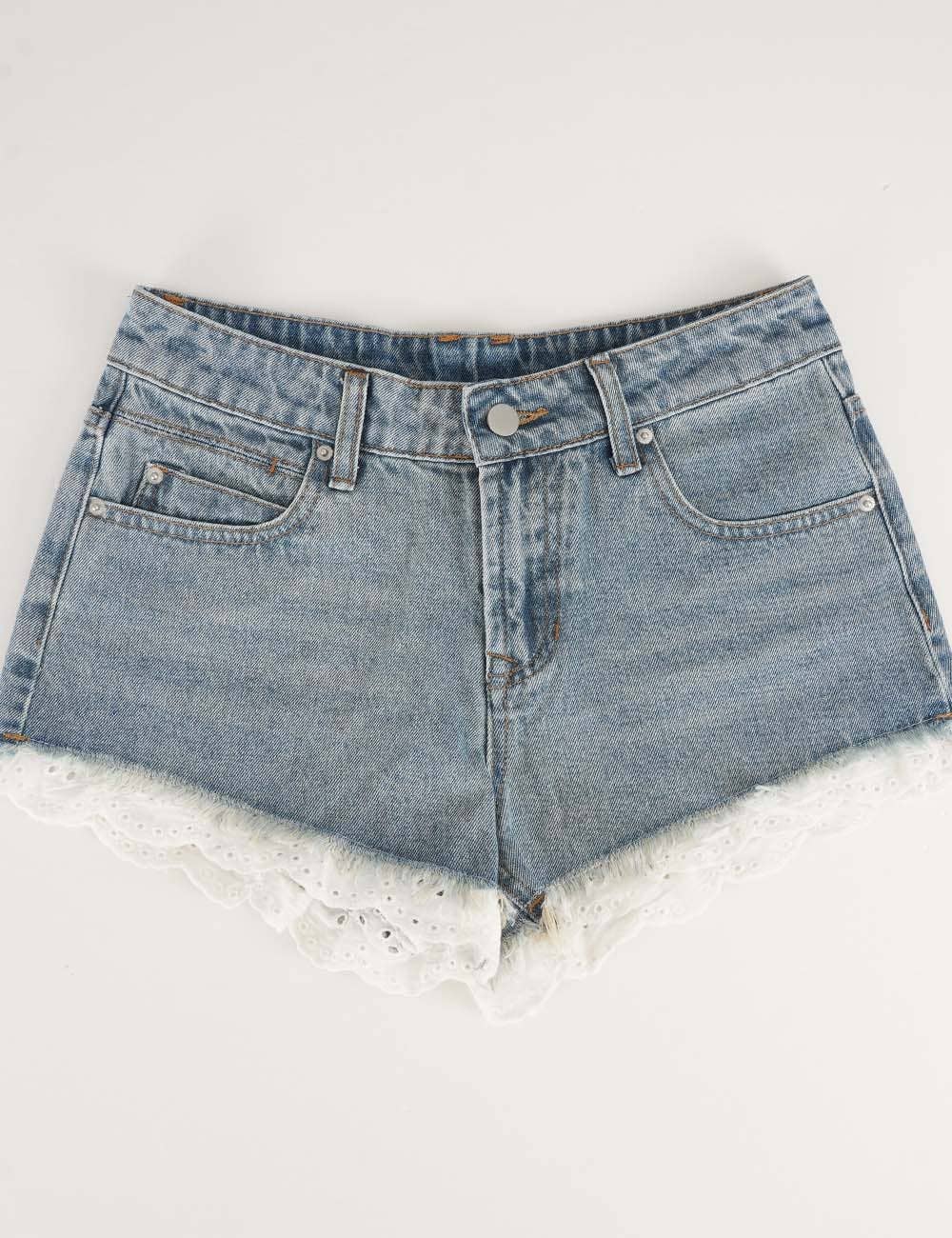 Ladies Lace Trim Frayed Hem Wide Leg Denim Shorts
