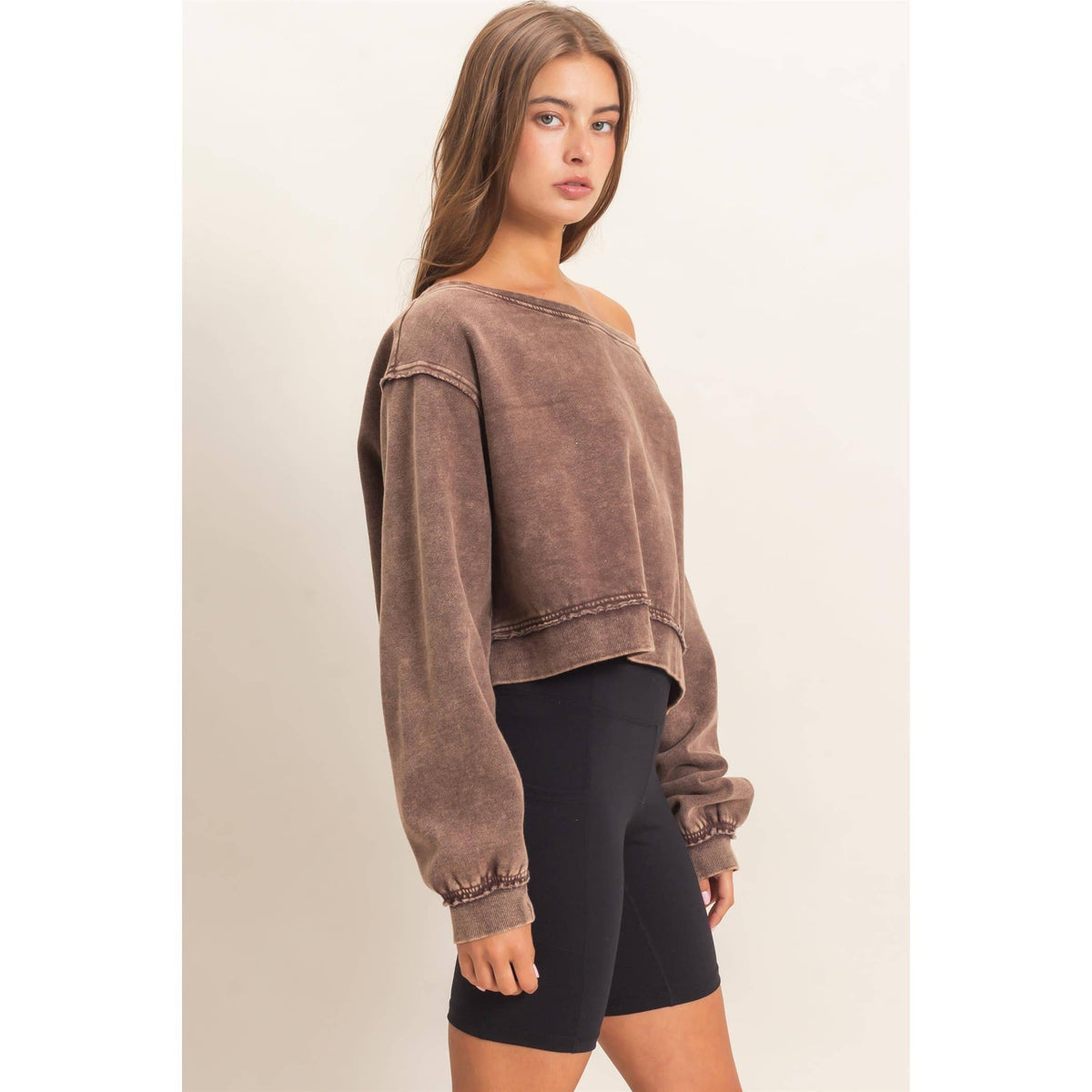 Raw Edge Acid Wash Off The Shoulder Sweatshirt