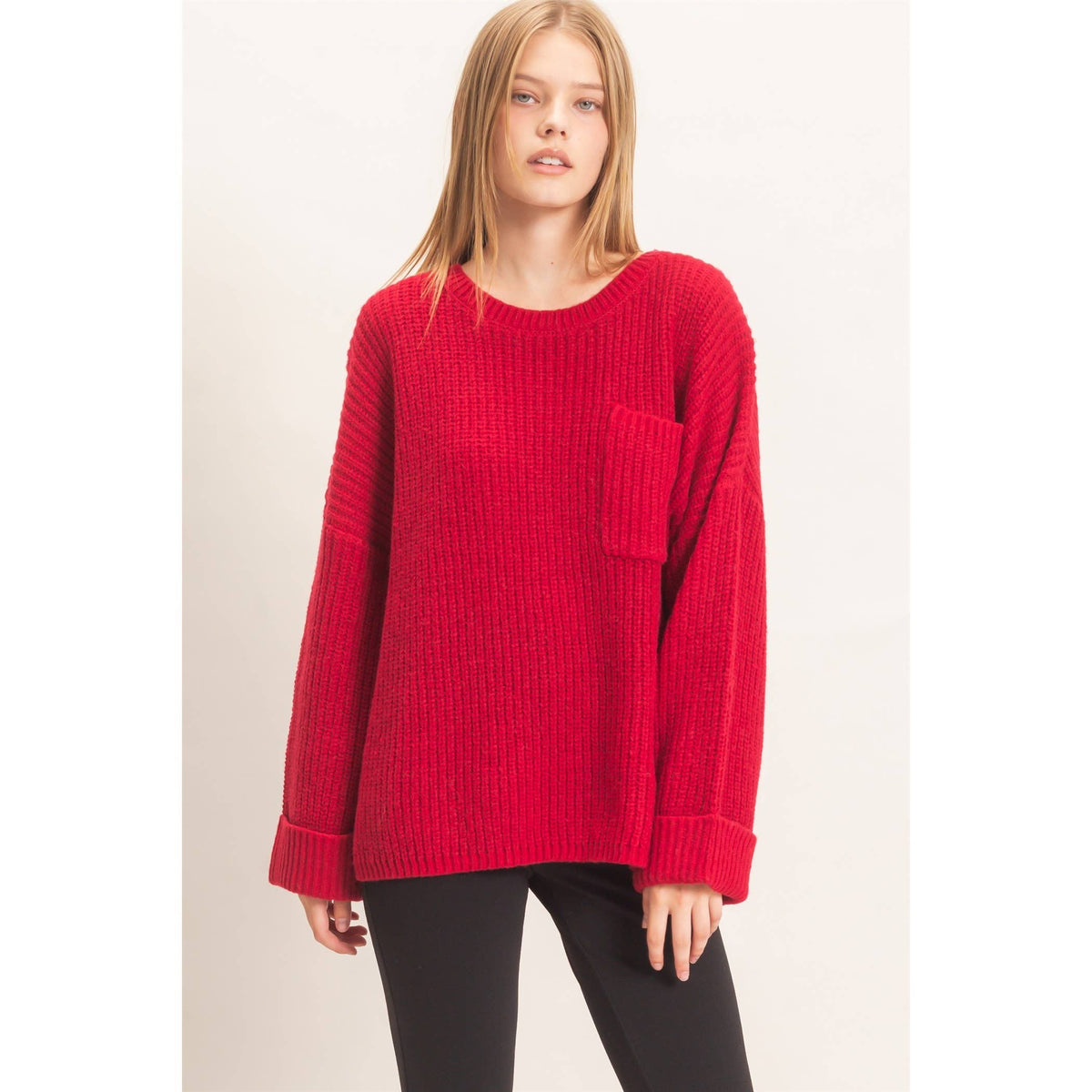Ribbed Knit Patch Pocket Sweater