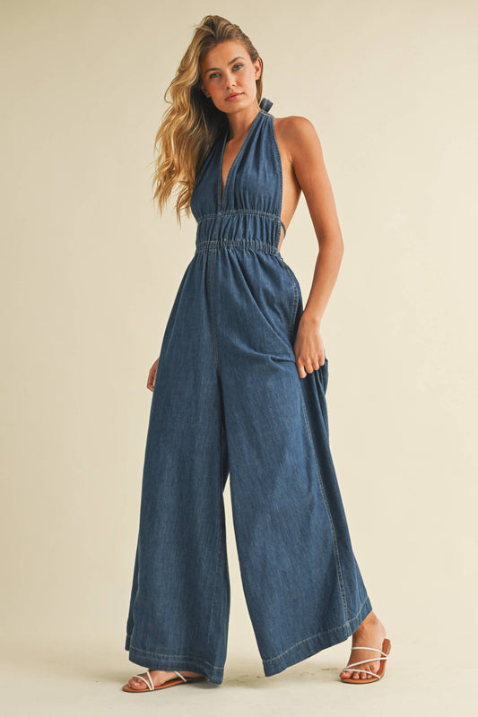 DENIM HALTER  WIDE LEG JUMPSUIT