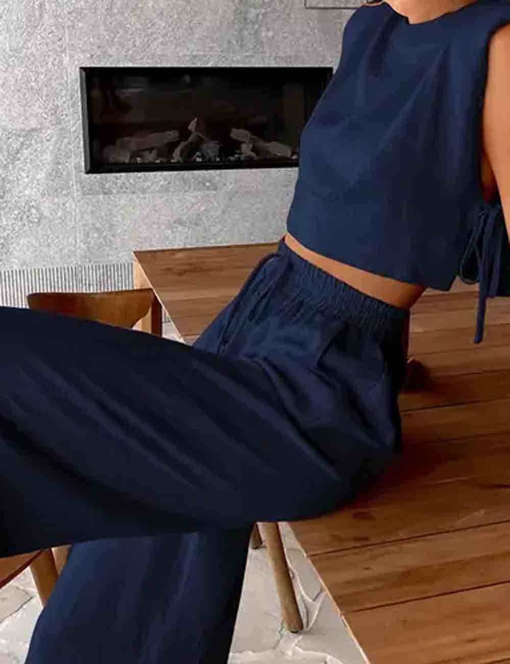 Linen Sleeveless Crop Top and Pants 2PCS Set 2TZ2186