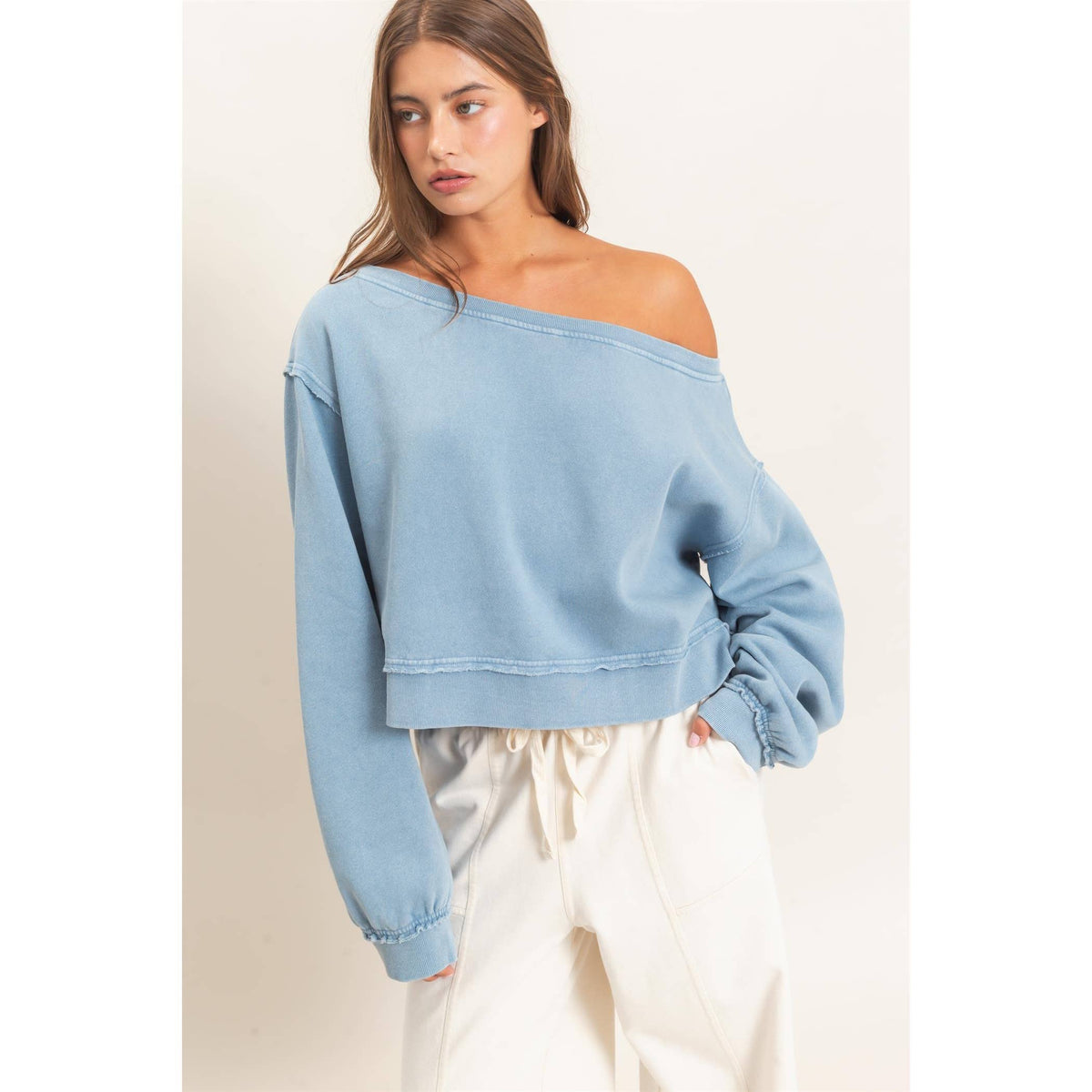 Raw Edge Acid Wash Off The Shoulder Sweatshirt