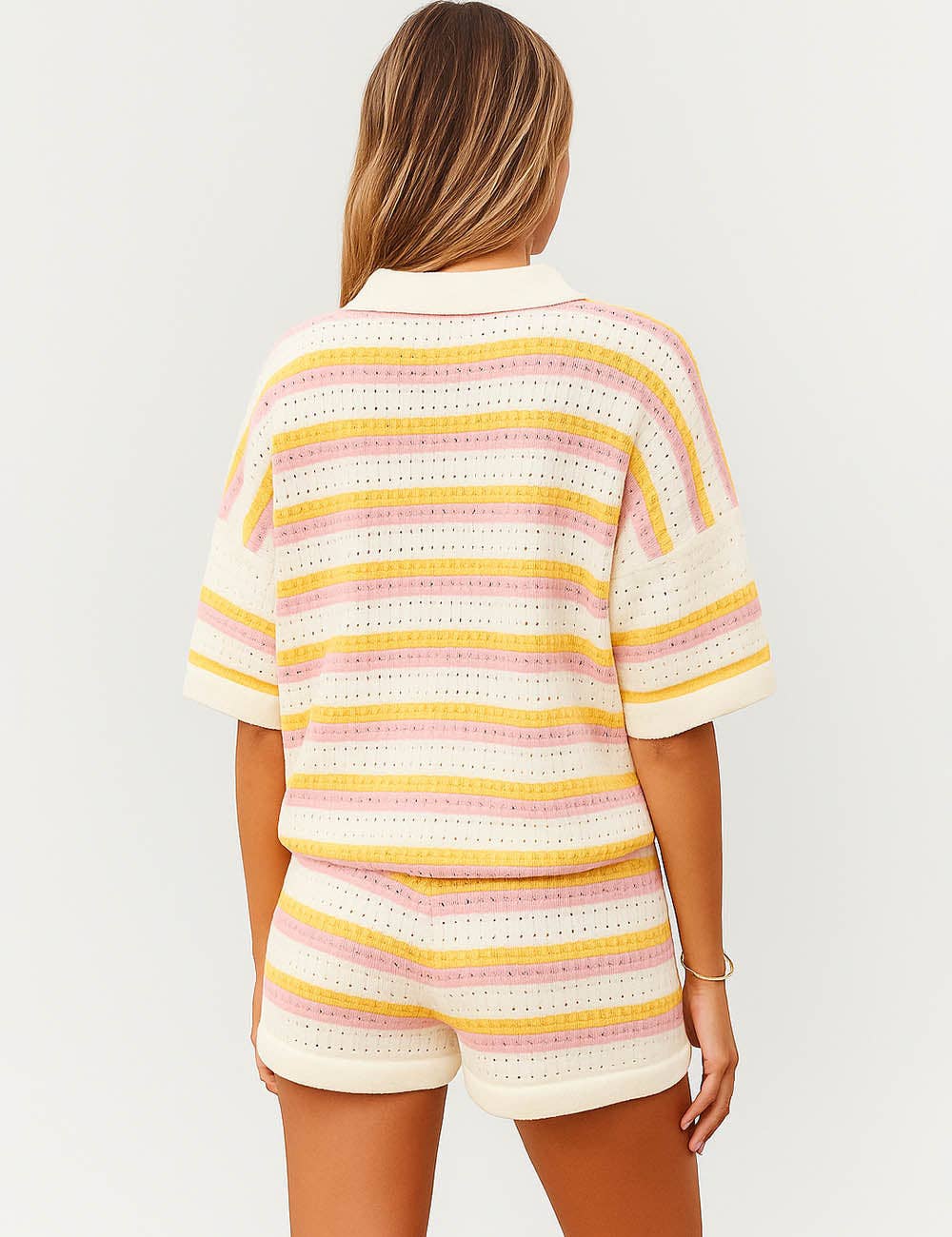Ladies Stripe Color Block Knit Top & Shorts Set 8BW1MS135