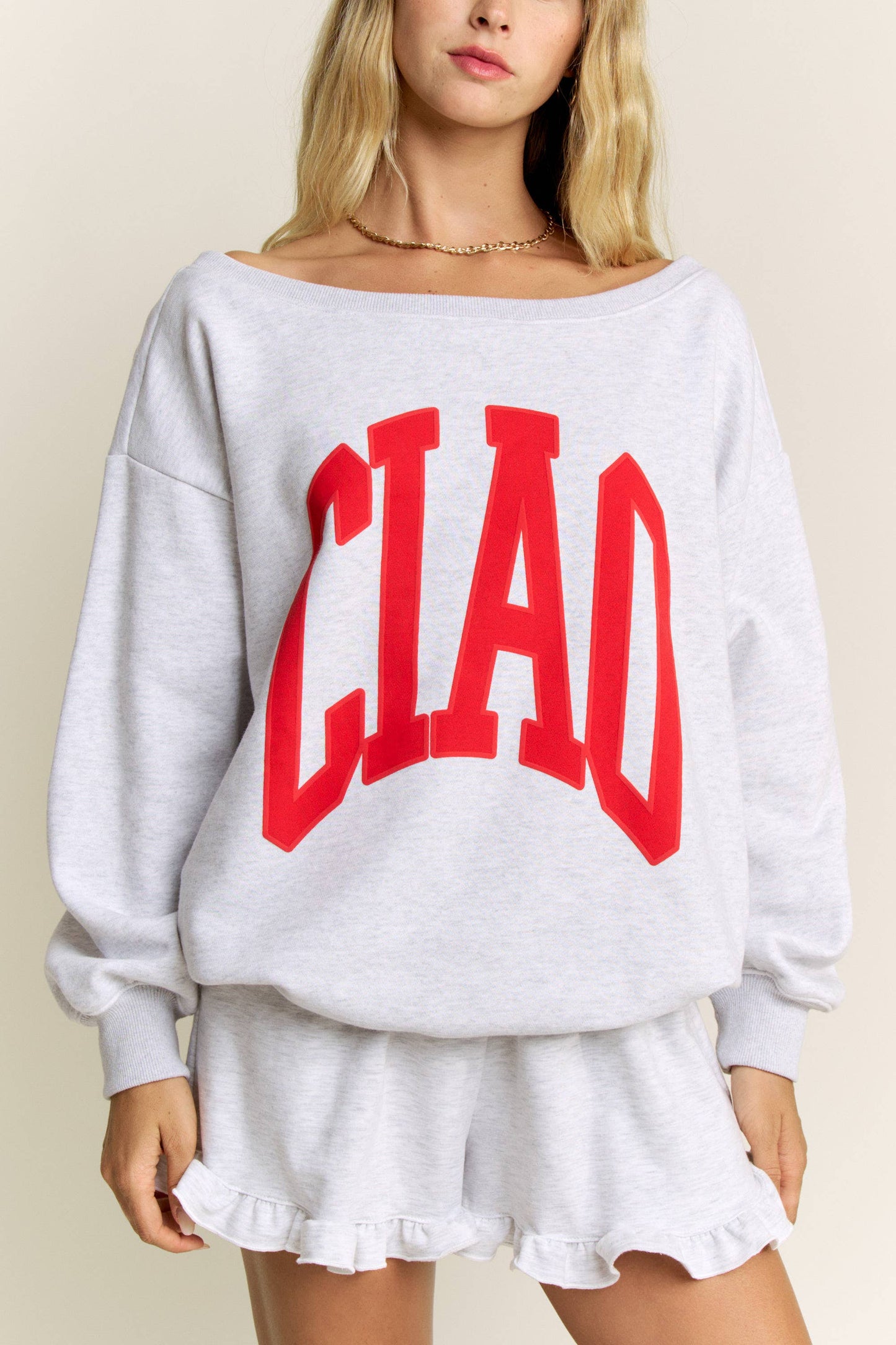 CIAO Lettering Off the Shoulder Sweatshirts