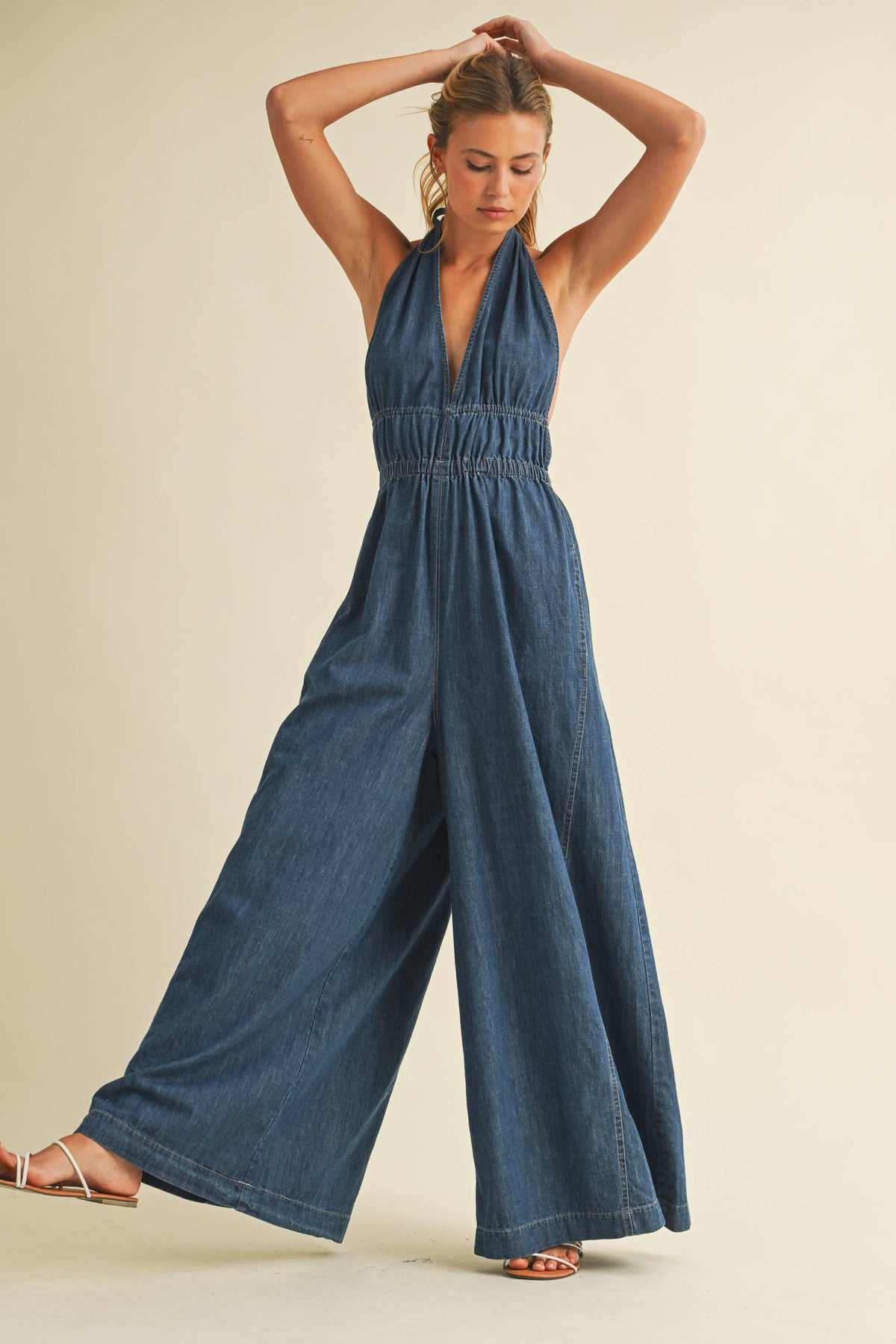DENIM HALTER  WIDE LEG JUMPSUIT