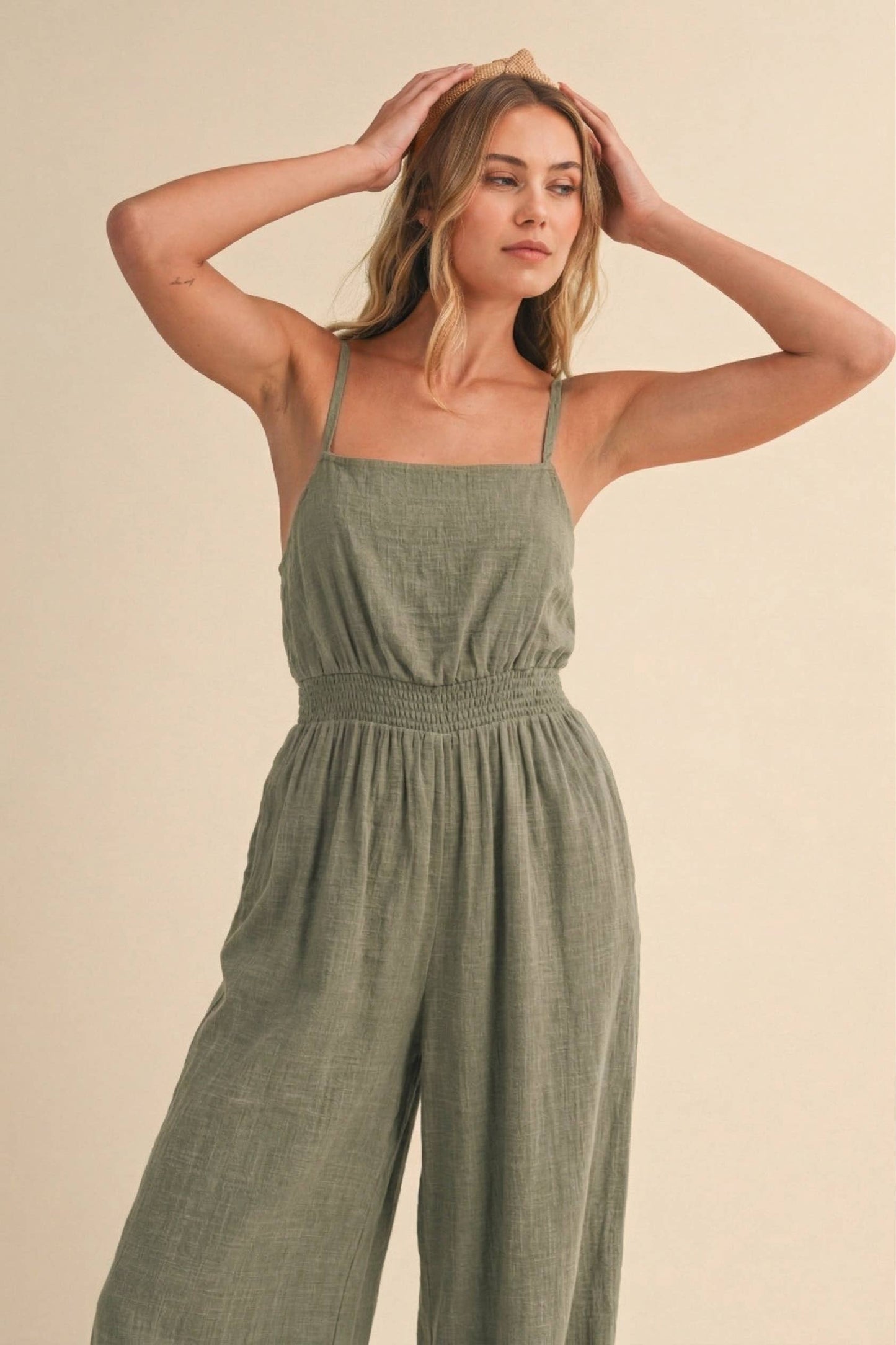 IJP3413 GAUZE BACKLESS TIE SLEEVELESS ALADDIN JUMPSUIT