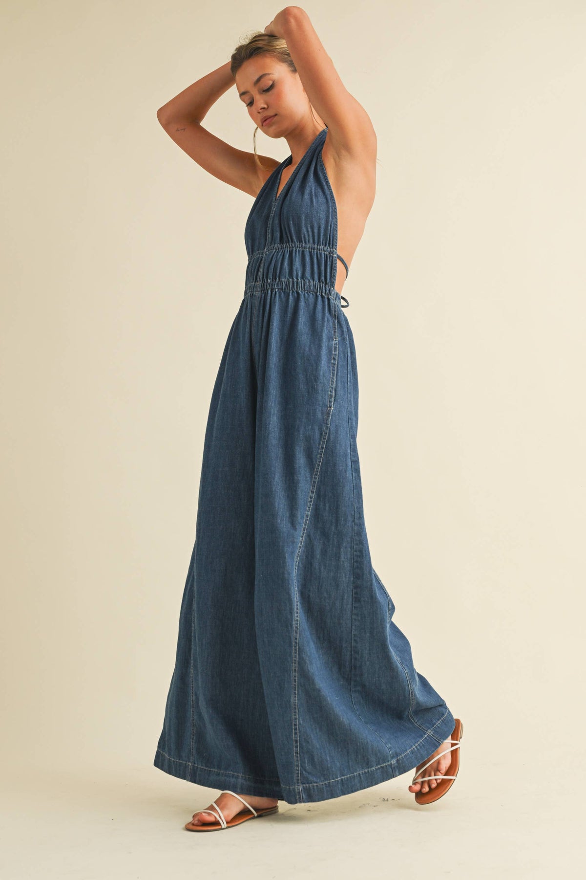 DENIM HALTER  WIDE LEG JUMPSUIT