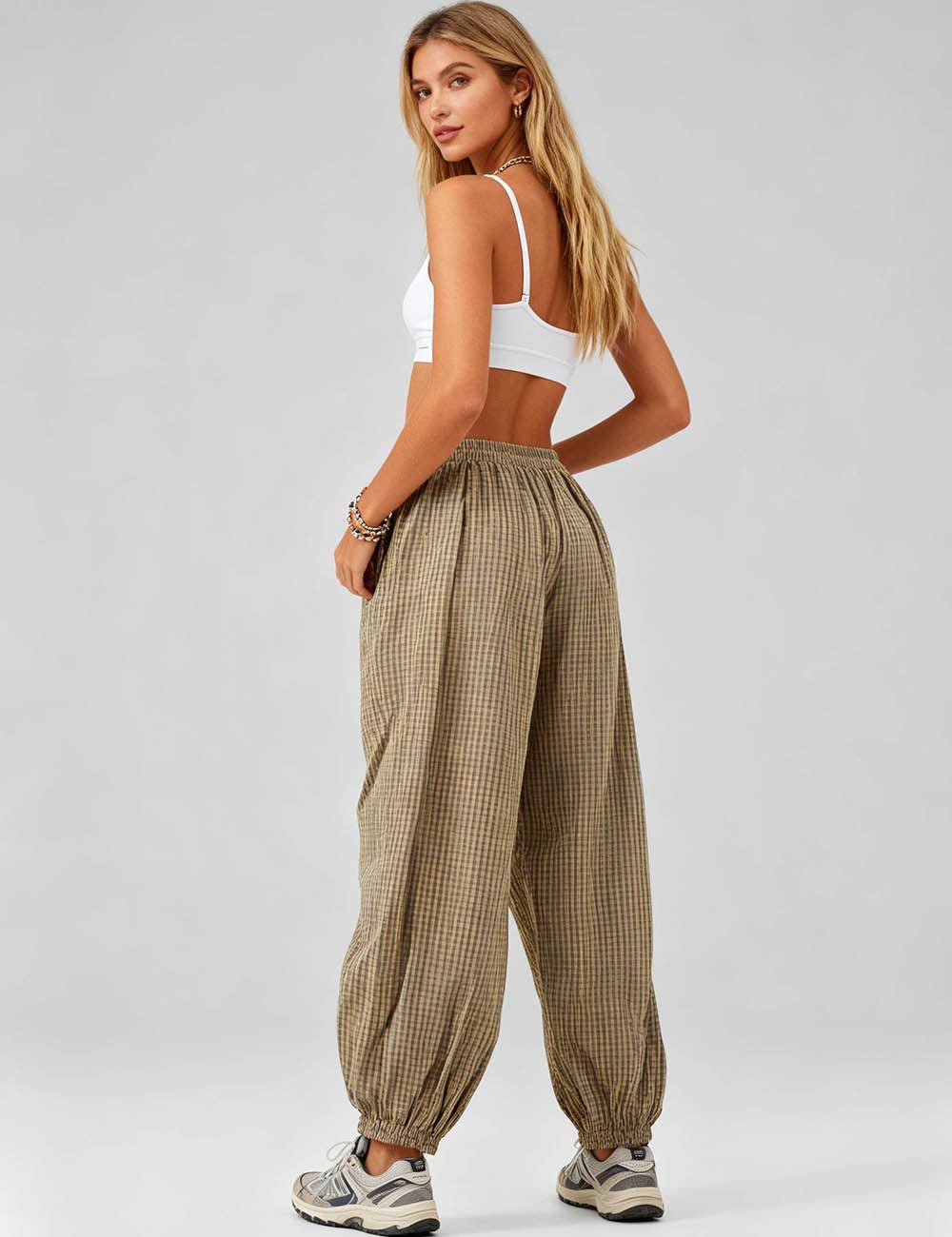 Ladies Checked Elastic Waist Drawstring Lantern Pants