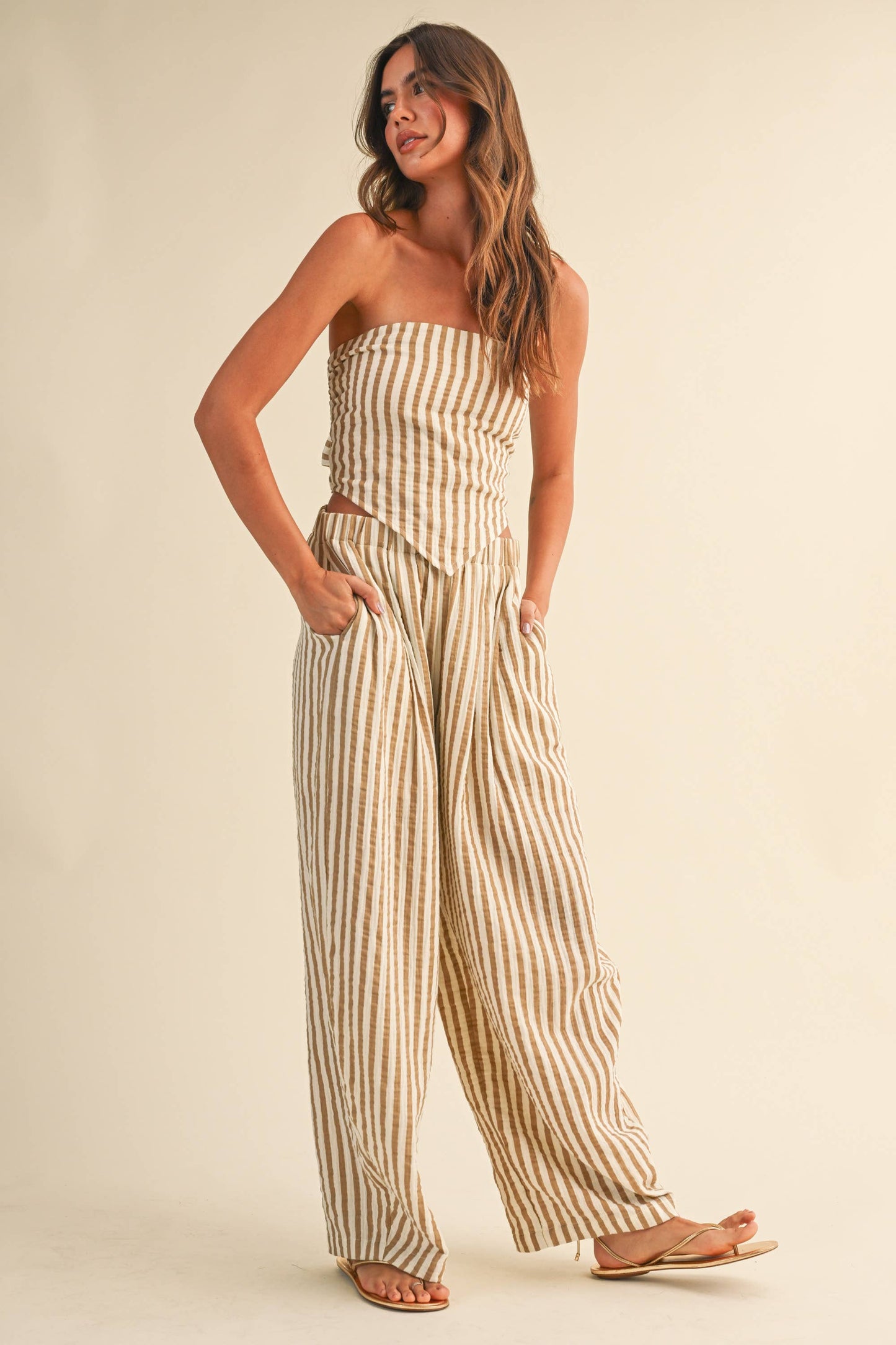 IST6646 STRIPED SMOCKED BACK TIE HANDKERCHEIF TOP AND BARREL