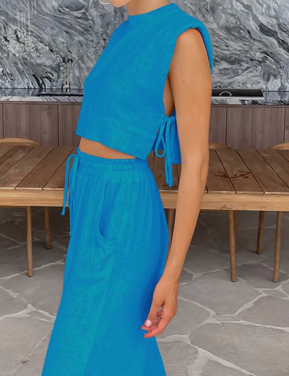 Linen Sleeveless Crop Top and Pants 2PCS Set 2TZ2186
