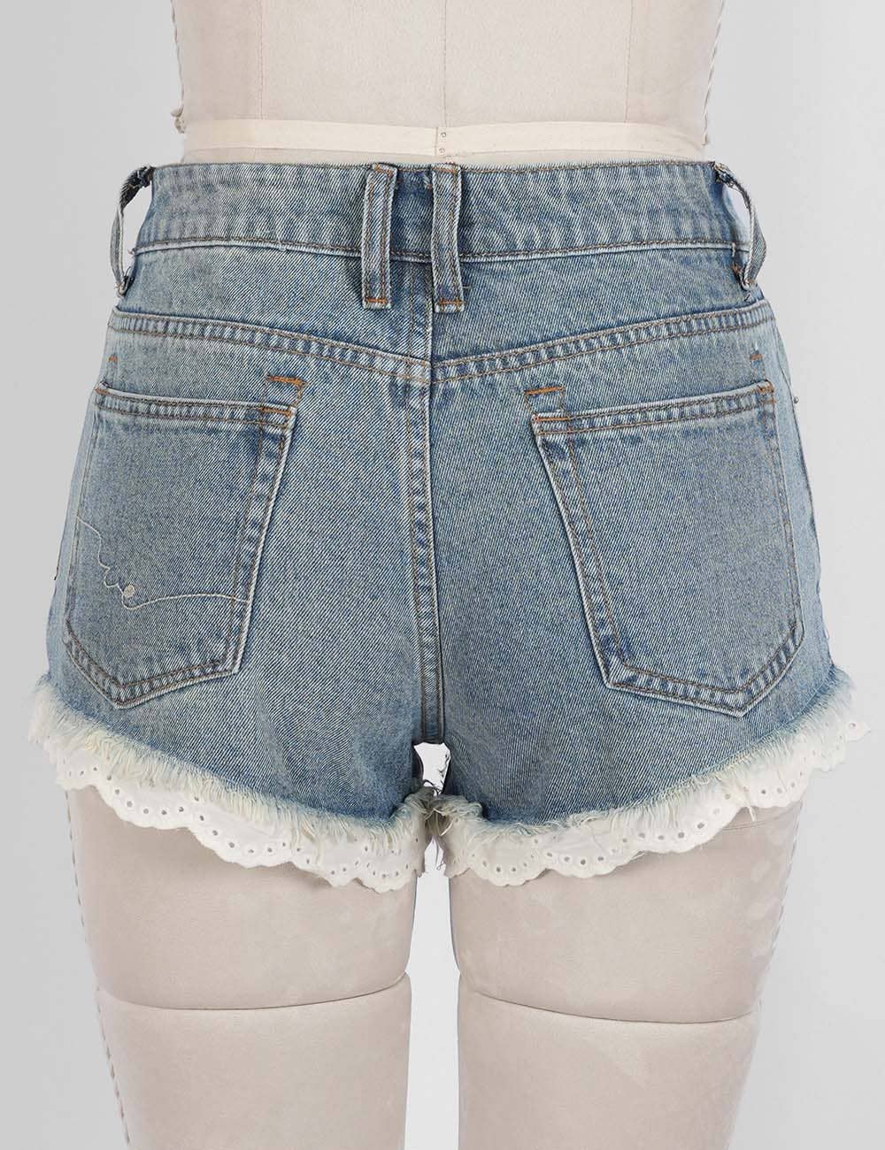 Ladies Lace Trim Frayed Hem Wide Leg Denim Shorts