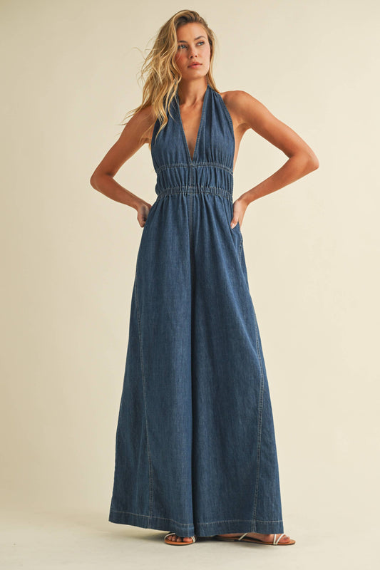 DENIM HALTER  WIDE LEG JUMPSUIT