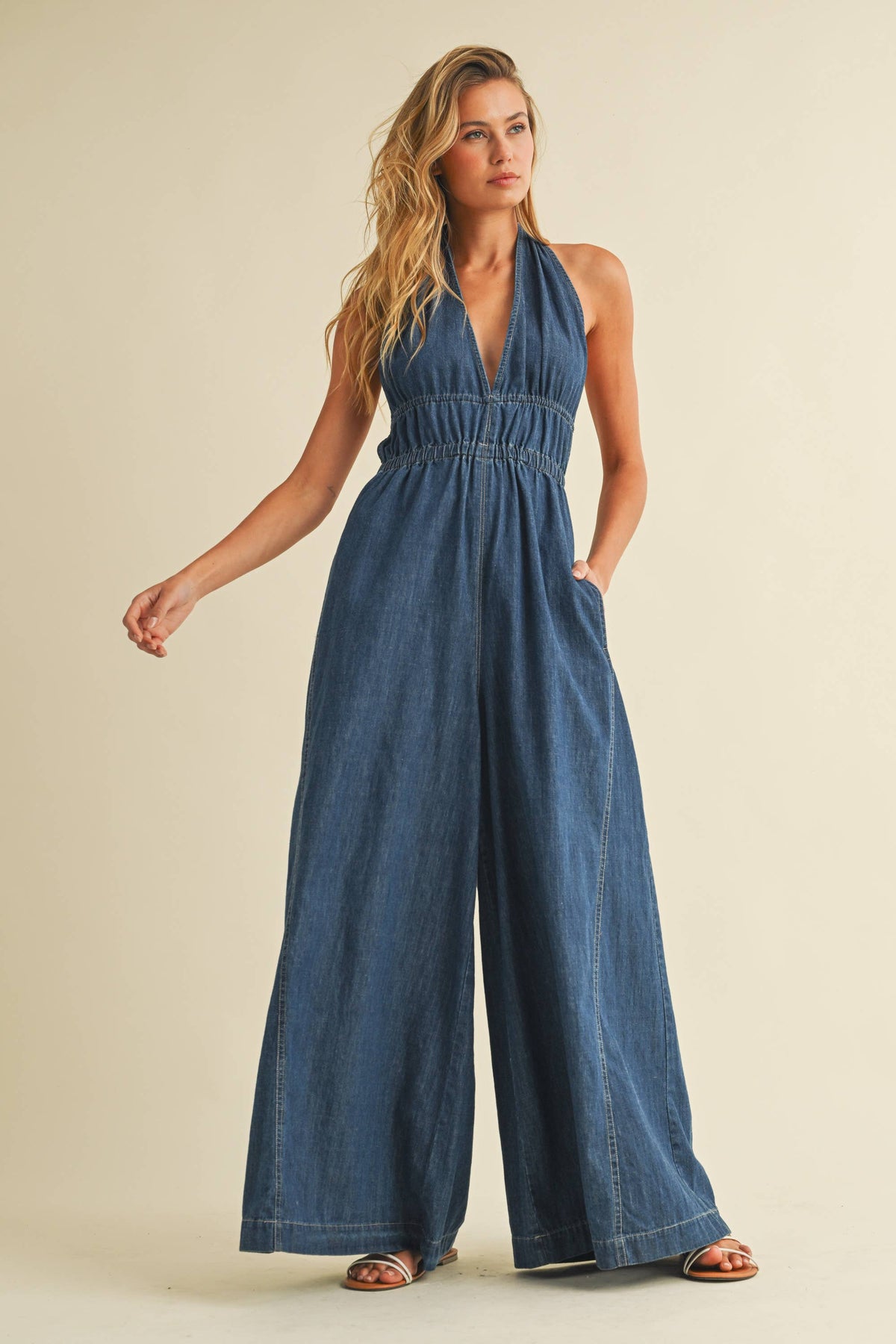 DENIM HALTER  WIDE LEG JUMPSUIT