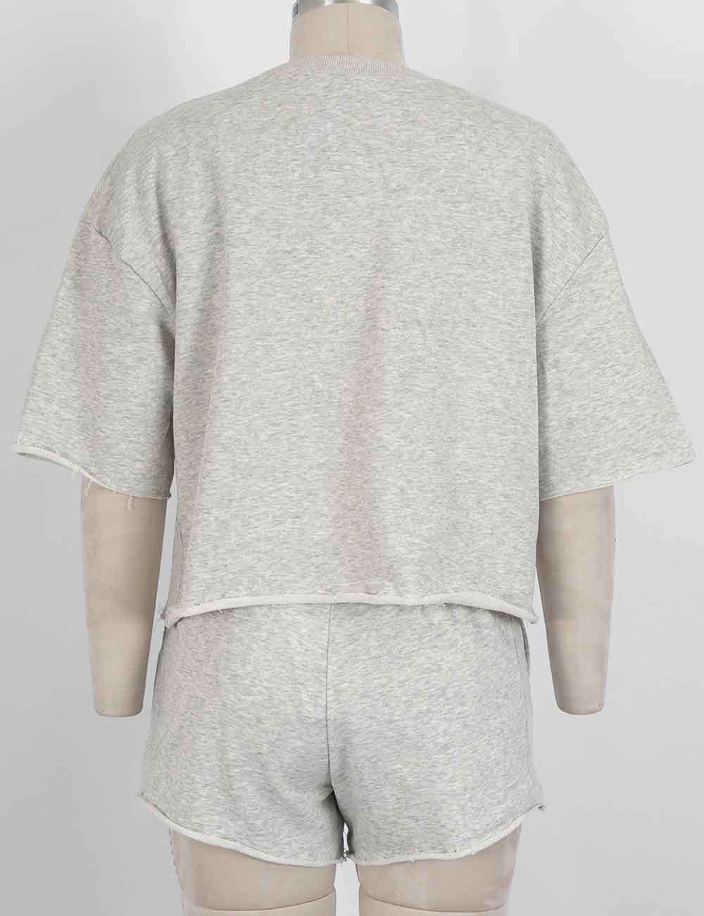 Ladies Letter Print Raw Edge Round Neck Short Sleeves Sweatshirt