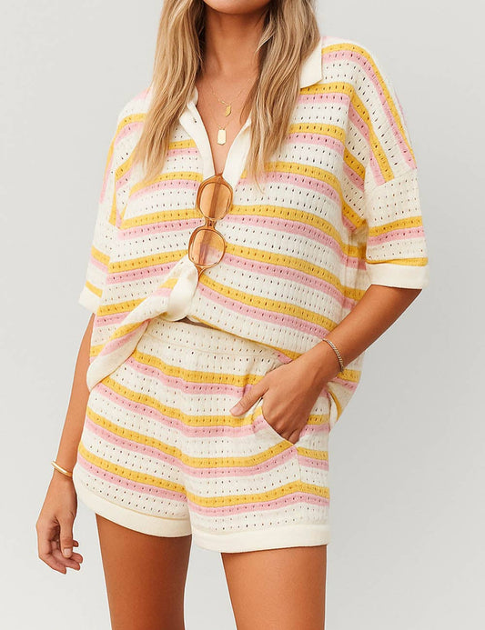 Ladies Stripe Color Block Knit Top & Shorts Set 8BW1MS135