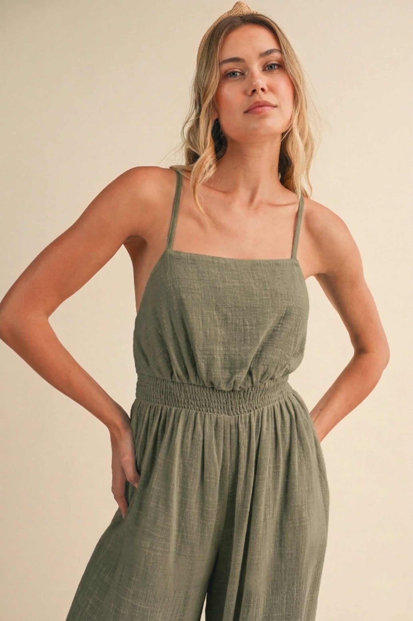 IJP3413 GAUZE BACKLESS TIE SLEEVELESS ALADDIN JUMPSUIT