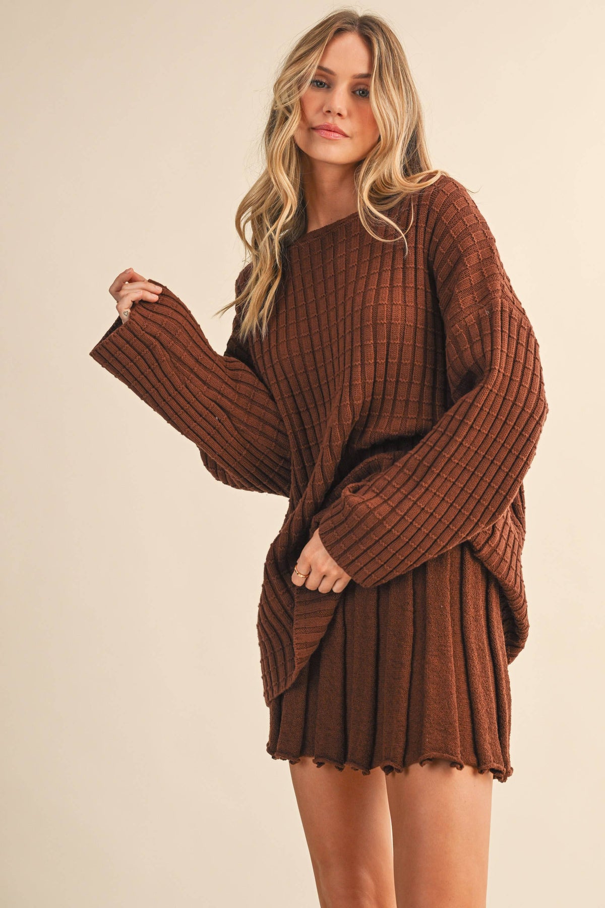 IST6062-A LONGSLEEVE SWEATER TUNICTOP AND PLEATED SKIRT SET