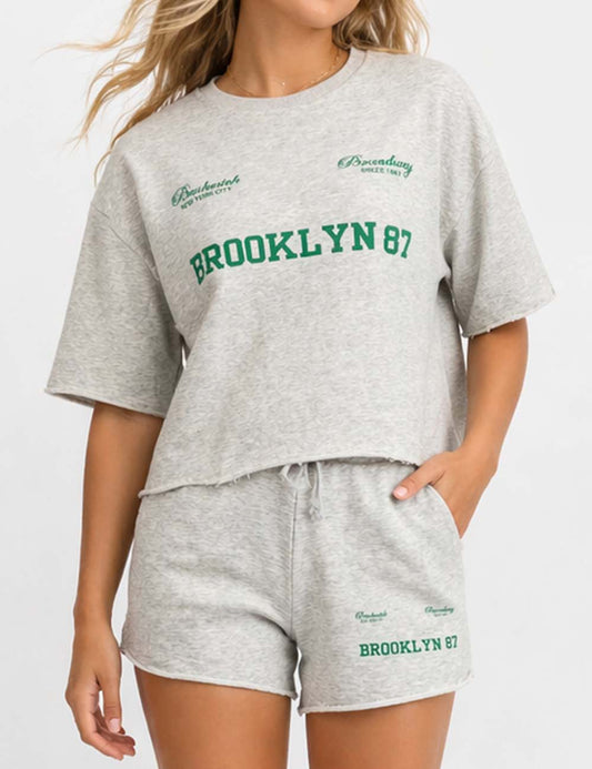 Ladies Letter Print Raw Edge Round Neck Short Sleeves Sweatshirt