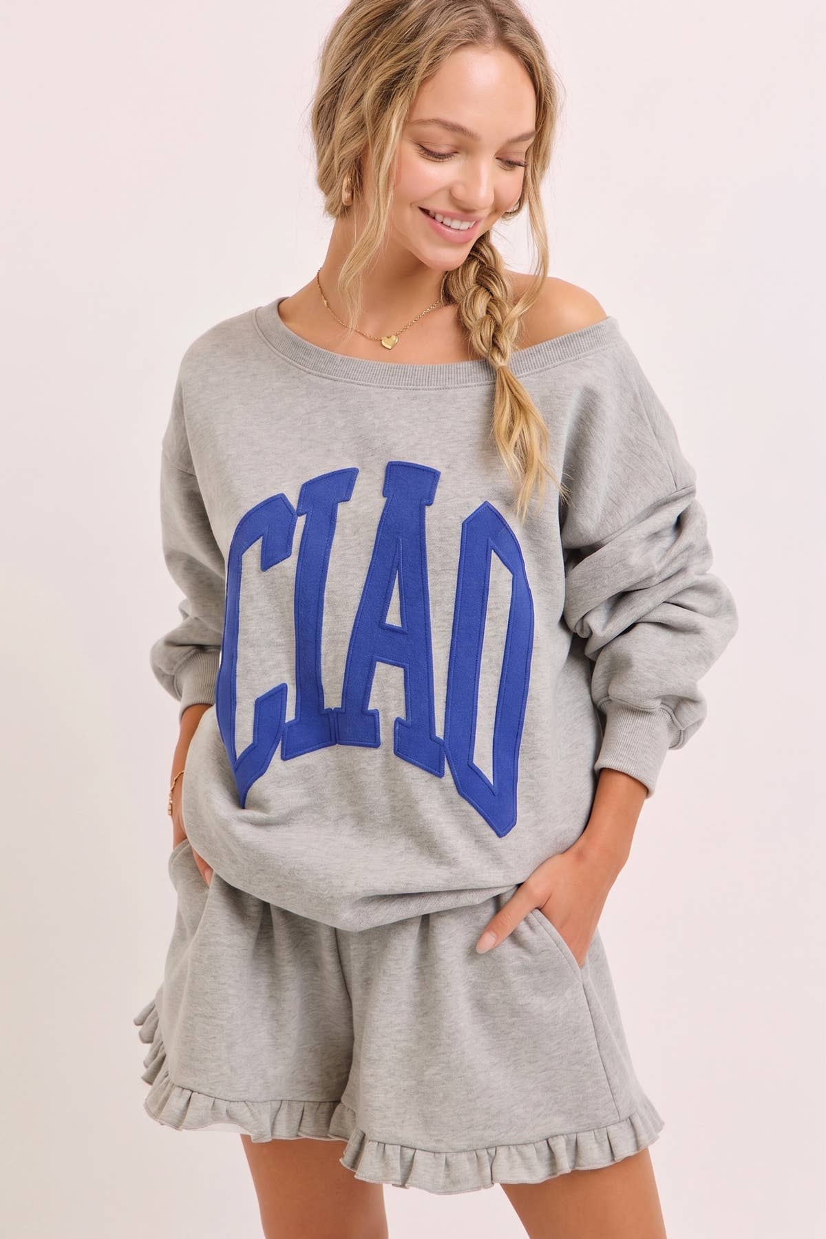 CIAO Lettering Off the Shoulder Sweatshirts