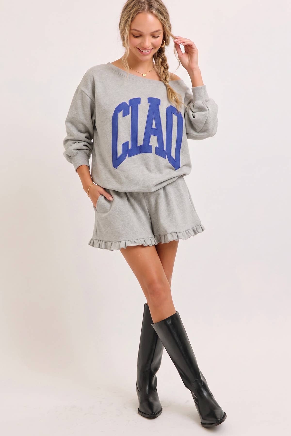 CIAO Lettering Off the Shoulder Sweatshirts