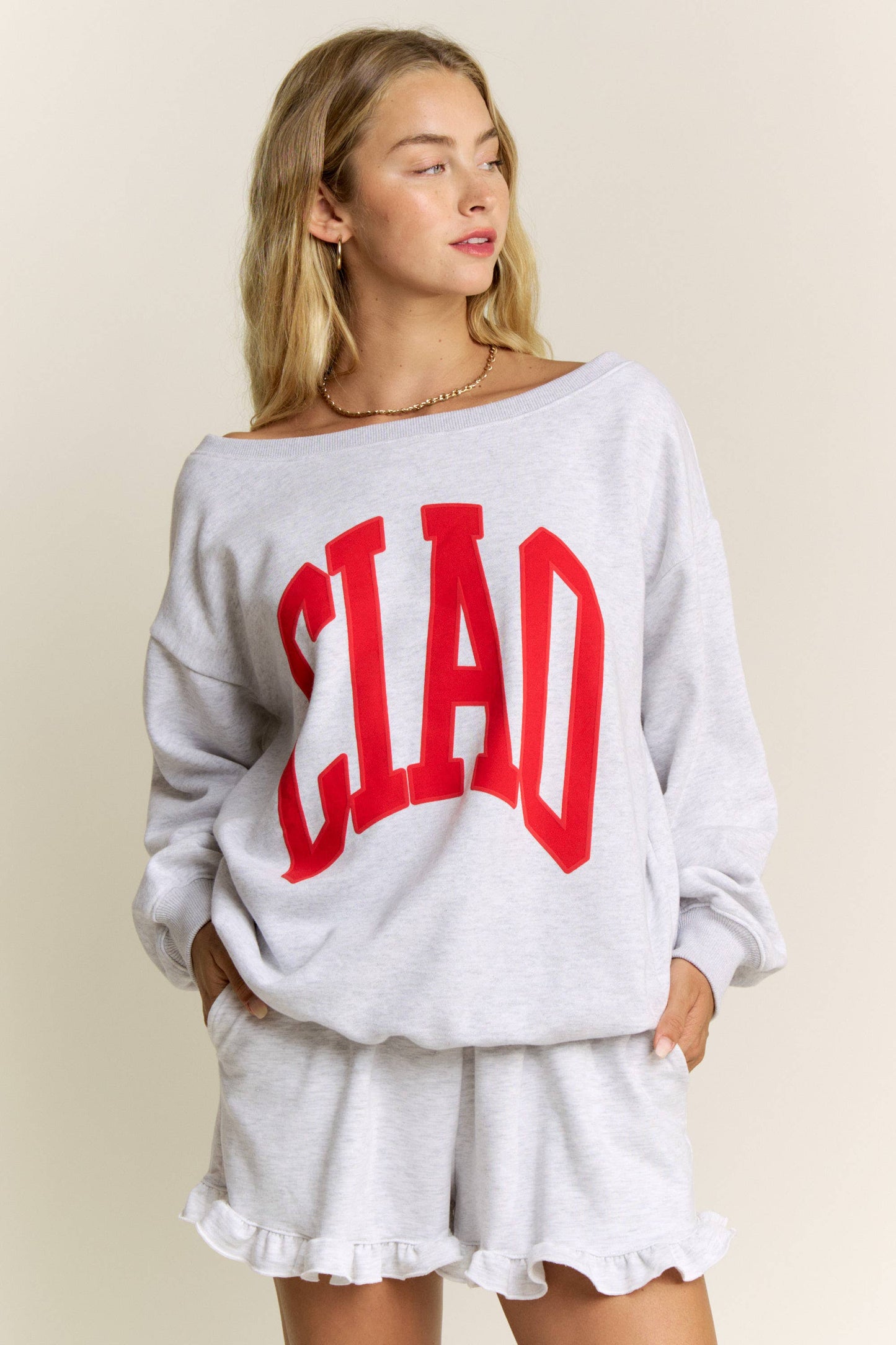 CIAO Lettering Off the Shoulder Sweatshirts