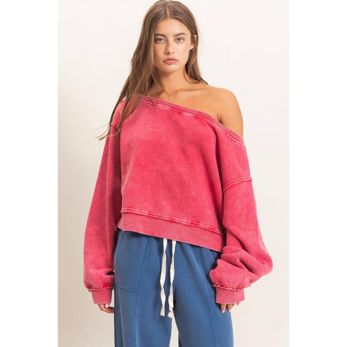 Raw Edge Acid Wash Off The Shoulder Sweatshirt
