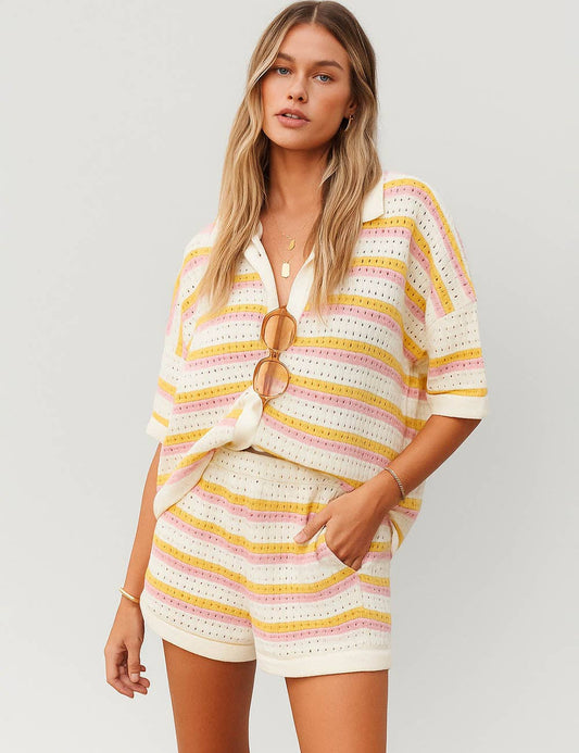 Ladies Stripe Color Block Knit Top & Shorts Set 8BW1MS135