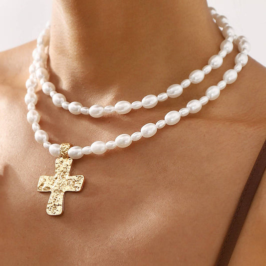 LUSTROUS FAUX PEARL BEADED LAYERED CROSS NECKLACE | 40NK9552