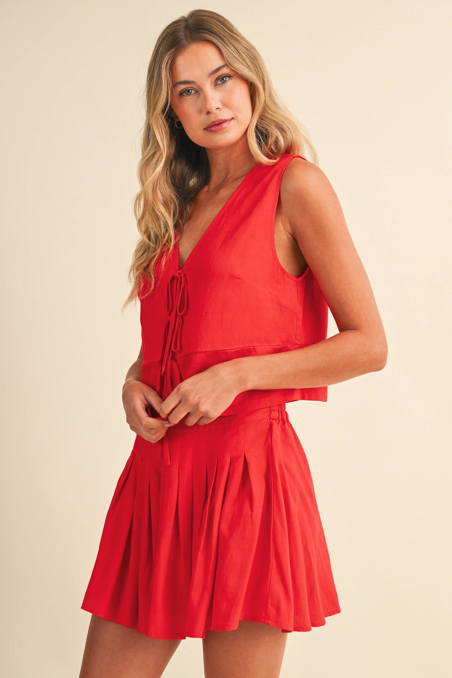 IST6327 LINEN VEST AND MINI SKIRT SET
