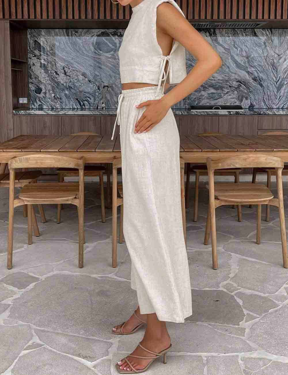 Linen Sleeveless Crop Top and Pants 2PCS Set 2TZ2186