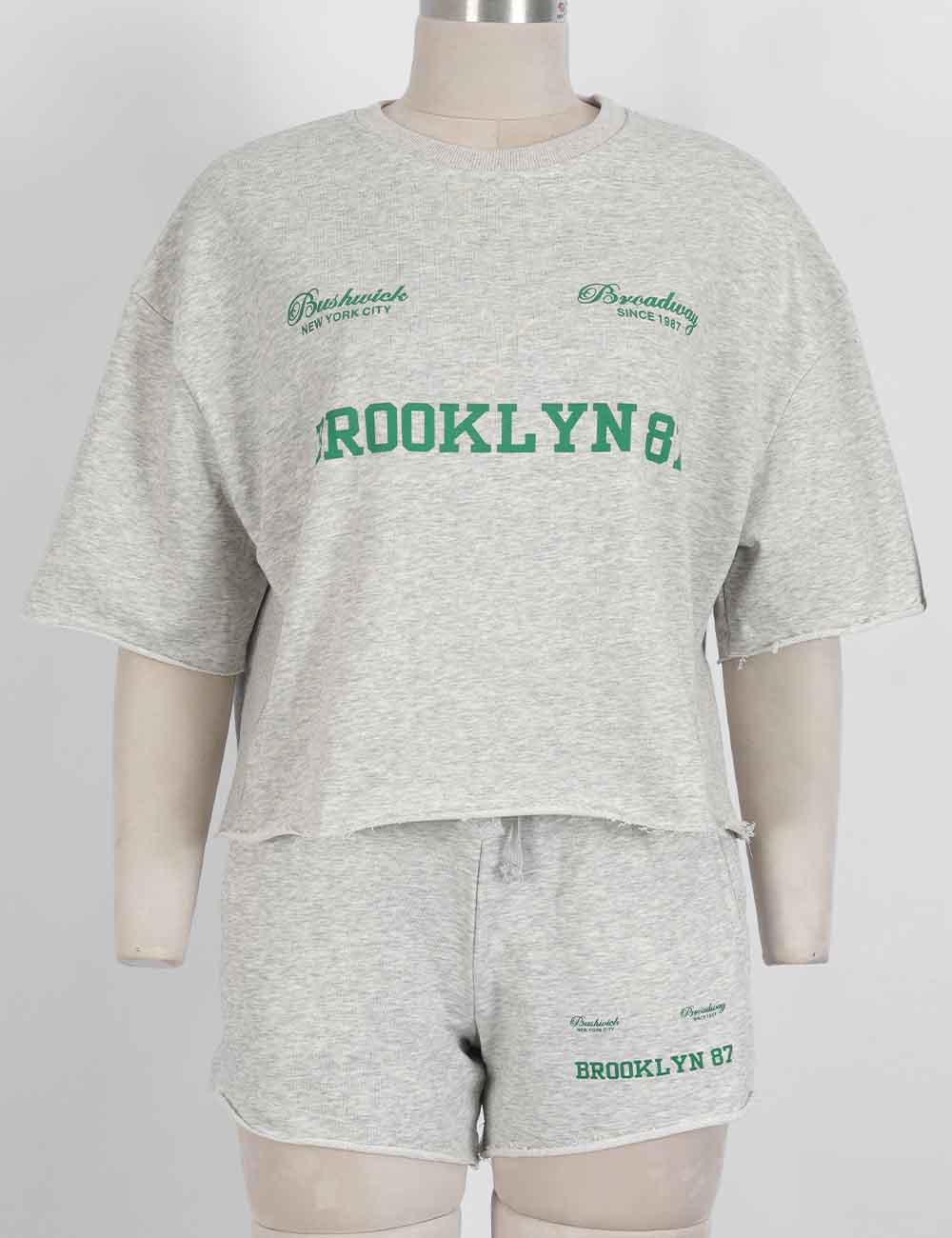 Ladies Letter Print Raw Edge Round Neck Short Sleeves Sweatshirt